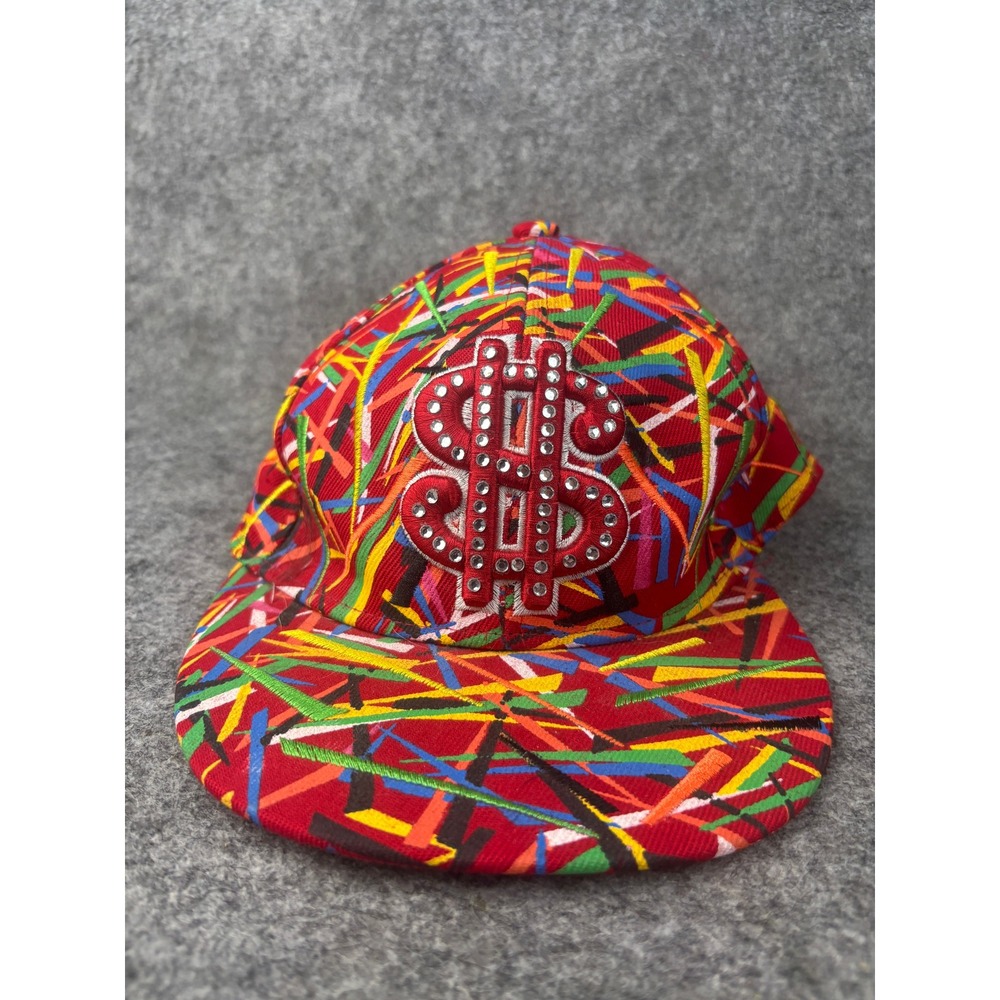 City Hunter Hat Mens XL Red Multi Color Rhinestone Dollar Sign Flat Brim Cap